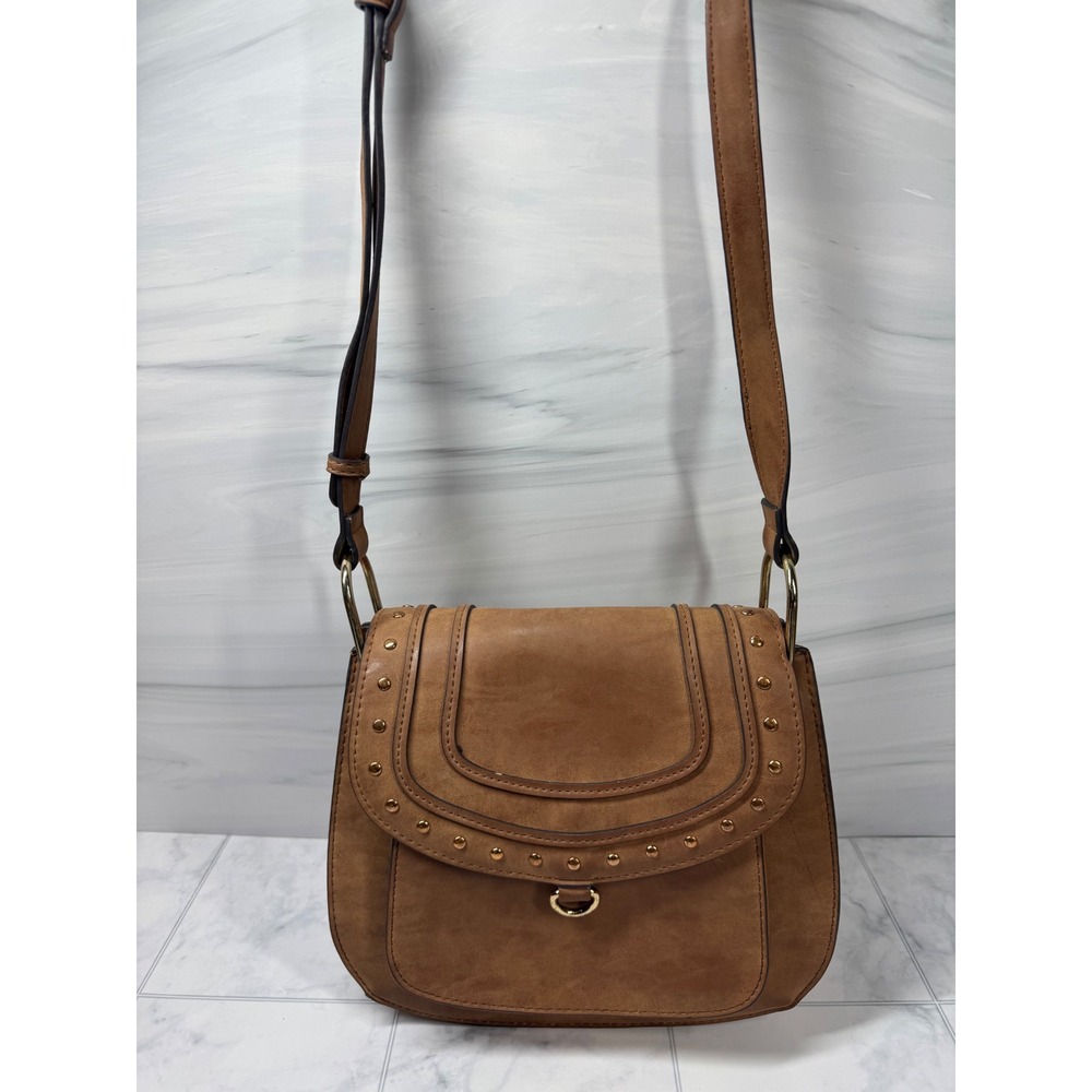 Tan Faux Suede Studded Saddle Crossbody Bag Brown Gold Hardware